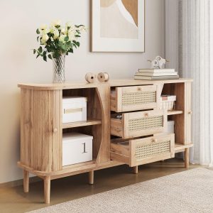 Sideboard, rattan chest of drawers, chest of drawers with sliding doors, adjustable shelves and rounded top